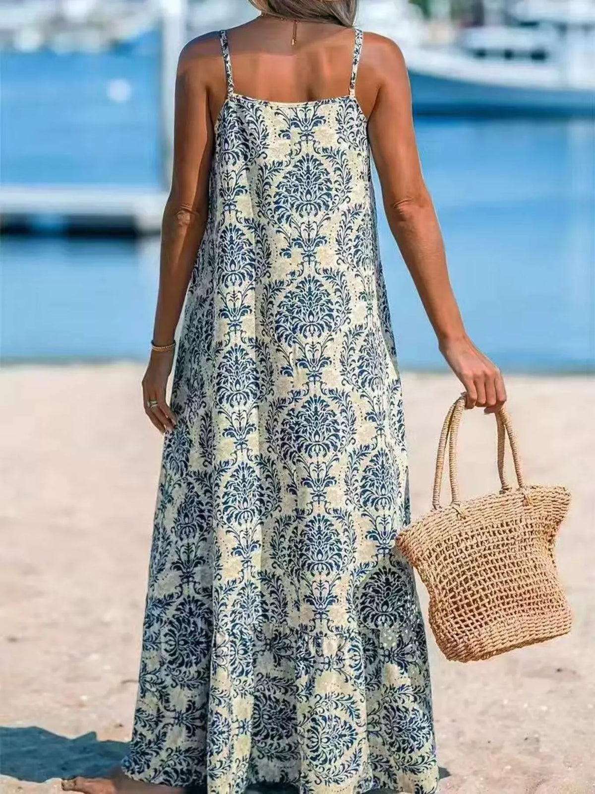 Damask Print Spaghetti Strap Maxi Dress in Sky Blue