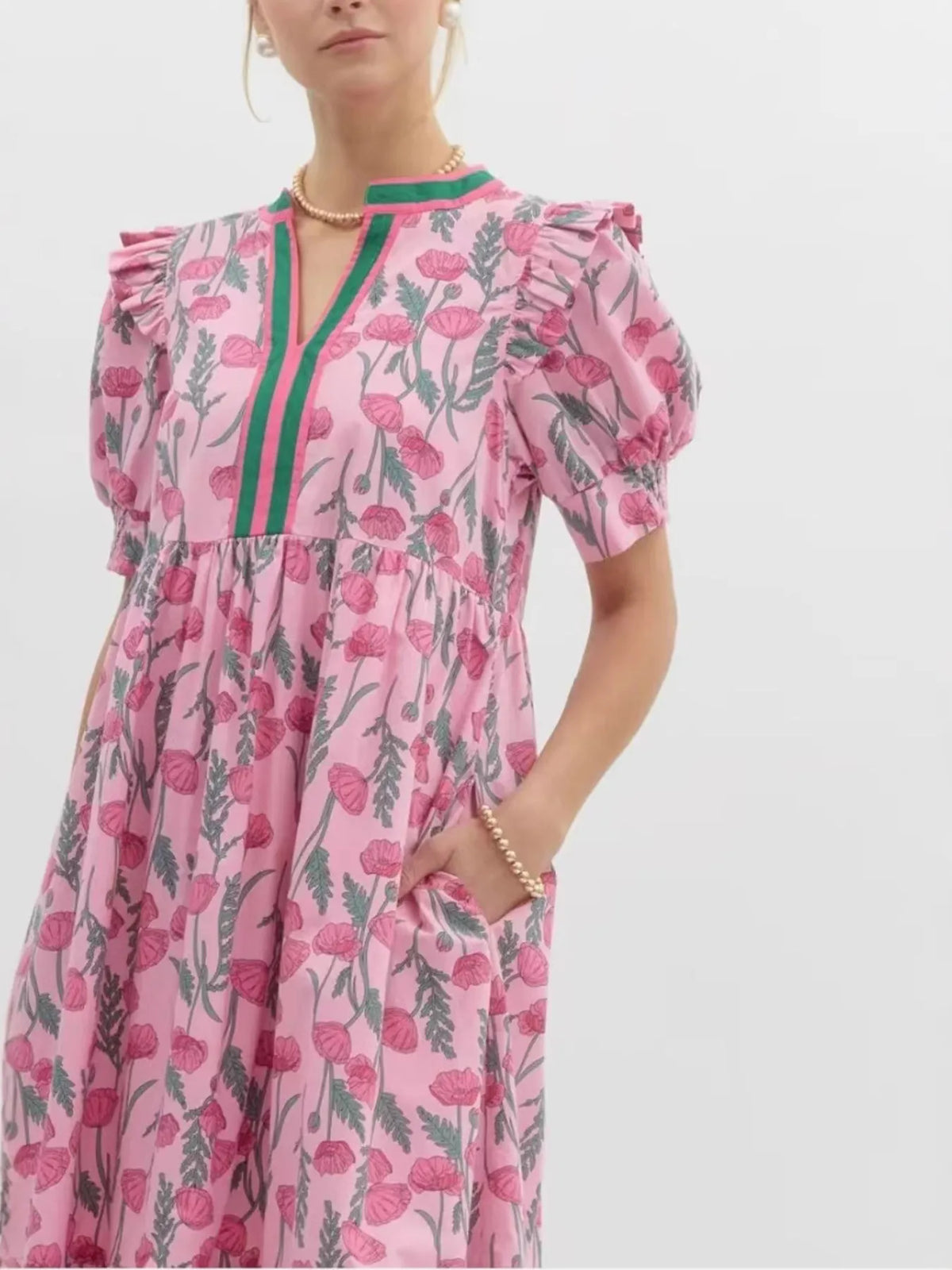 Floral Puff-Sleeve Midi Dress in Pink by Rosaline