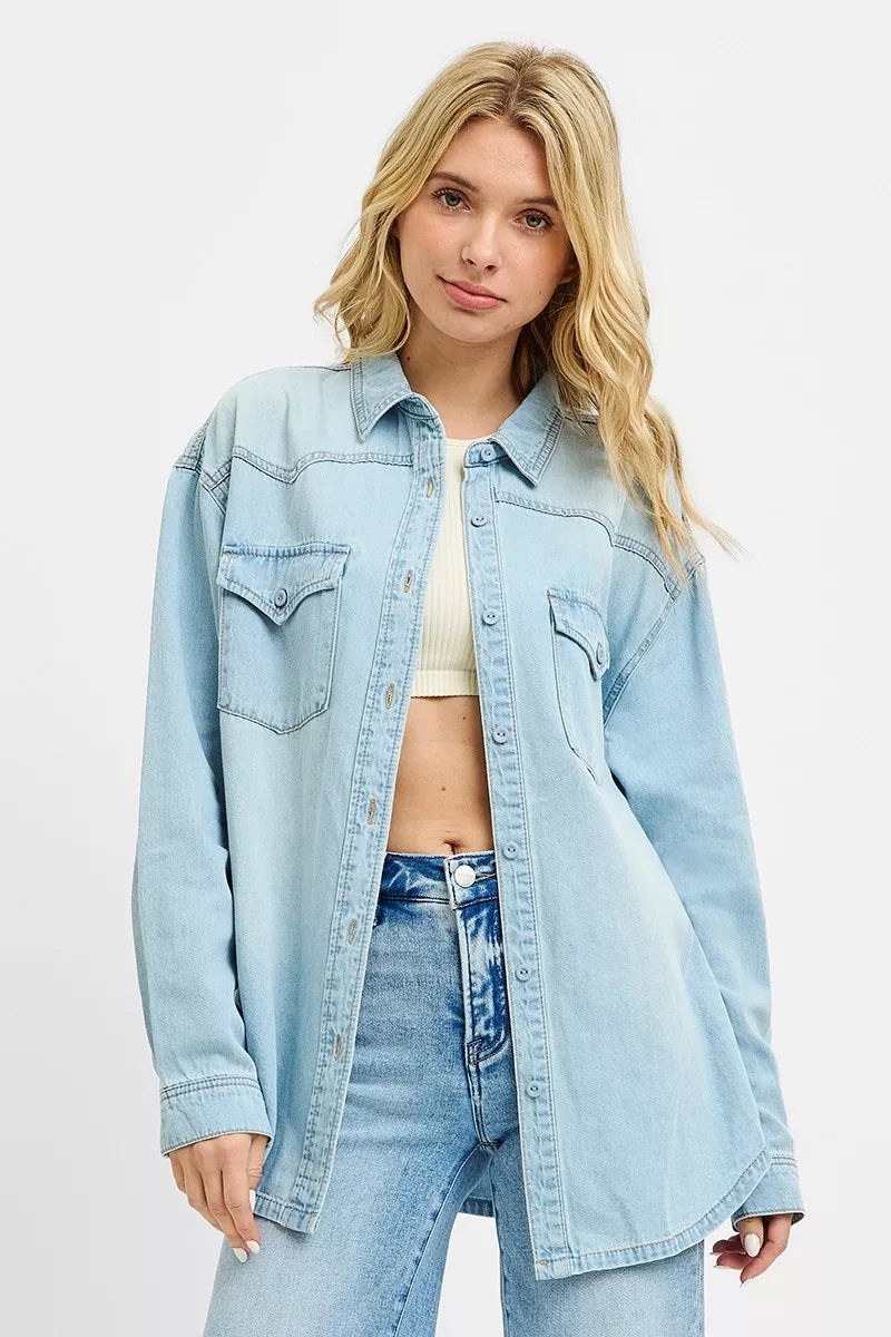 Risen Western Yoke Relaxed Fit Denim Shirt in Light