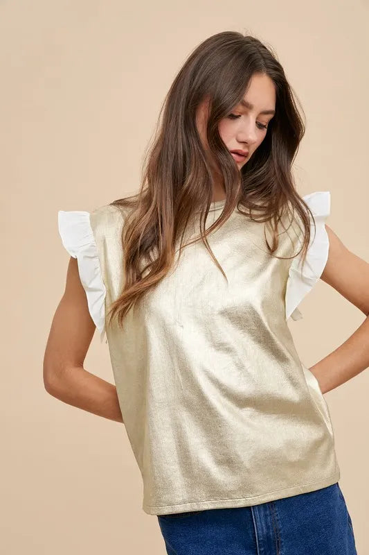 Annie Wear Metallic Knit Ruffle Sleeve Top in Ice Gold