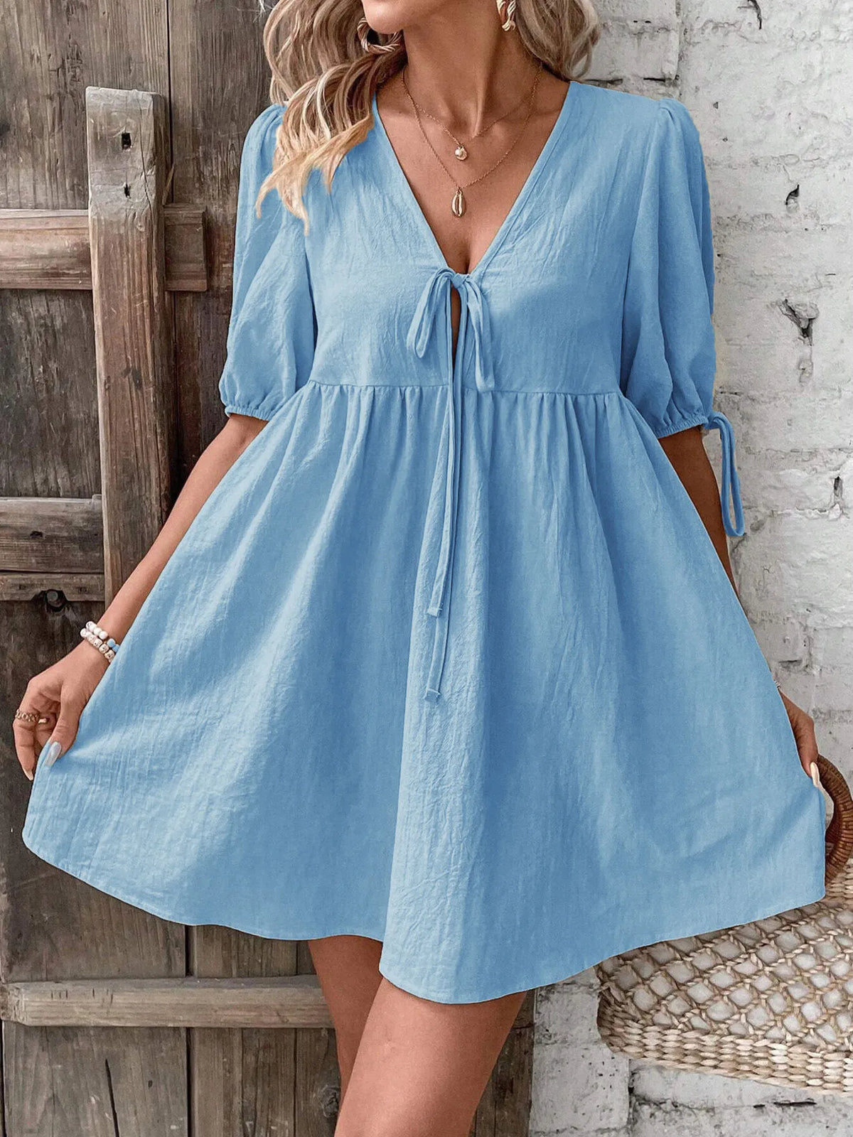 V-Neck Tie-Front Mini Dress with Puff Sleeves