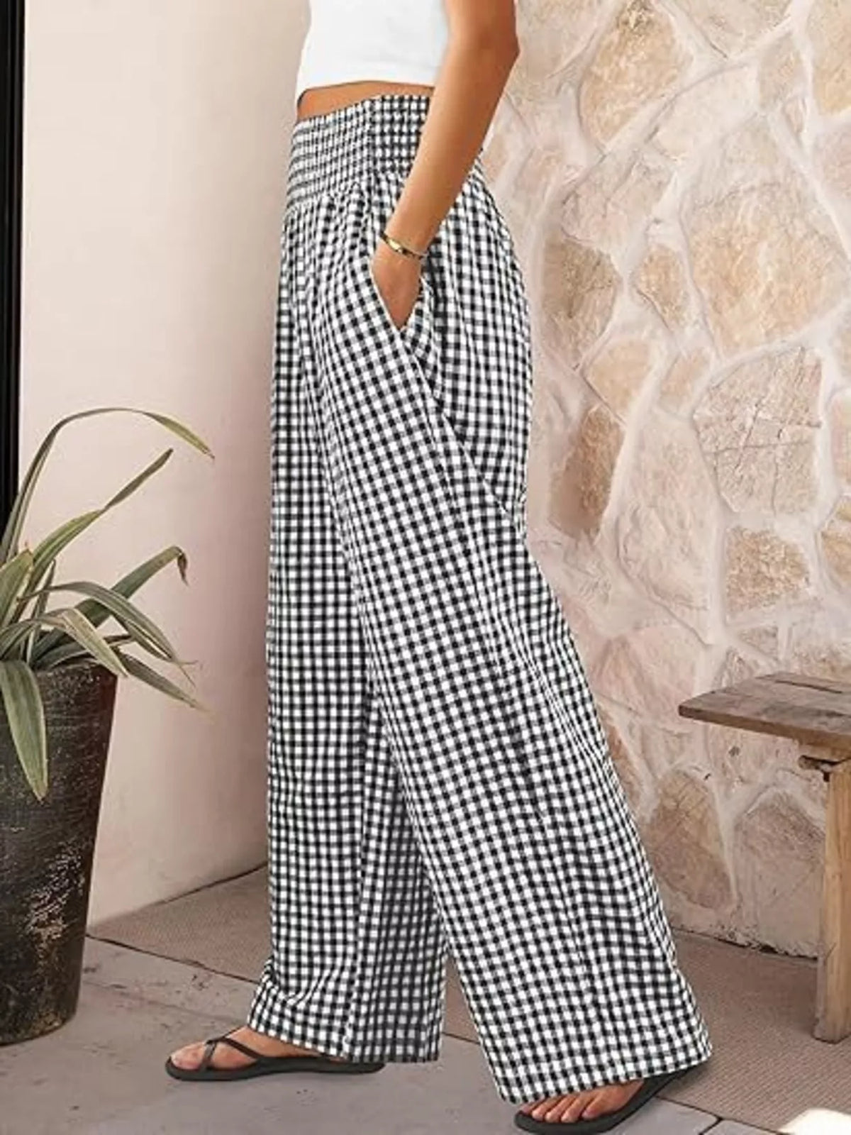 Gingham Wide-Leg Pants