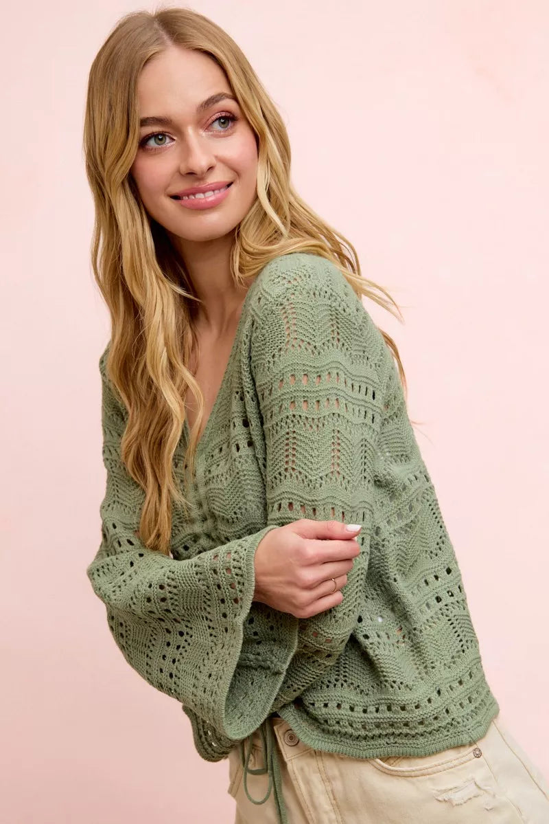 Pointelle V-Neck Ruched Top in Sage Green by BiBi