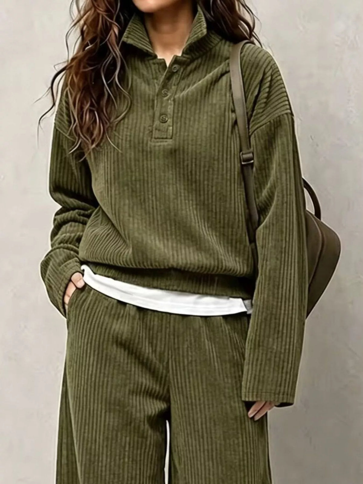 Corduroy Button-Front Top and Wide Leg Pants Set