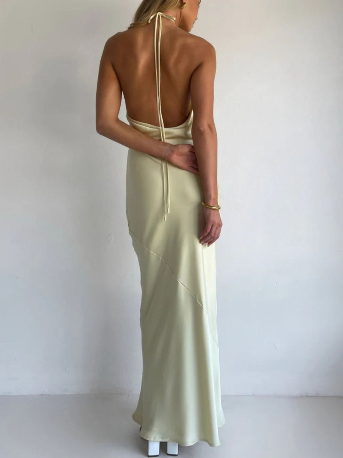 Halter Neck Ruched Satin Maxi Dress