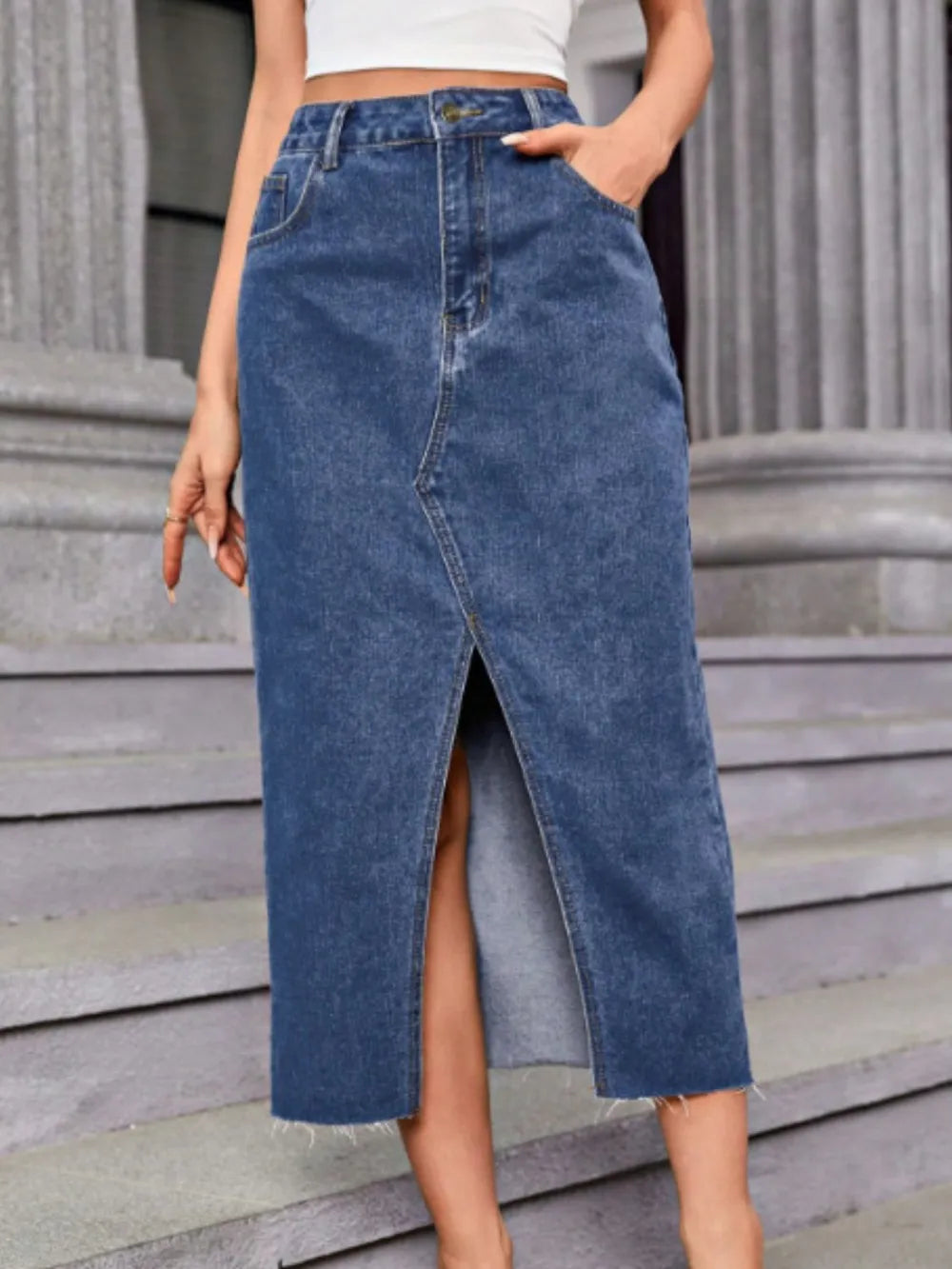 Slit Midi Denim Skirt in Medium Wash