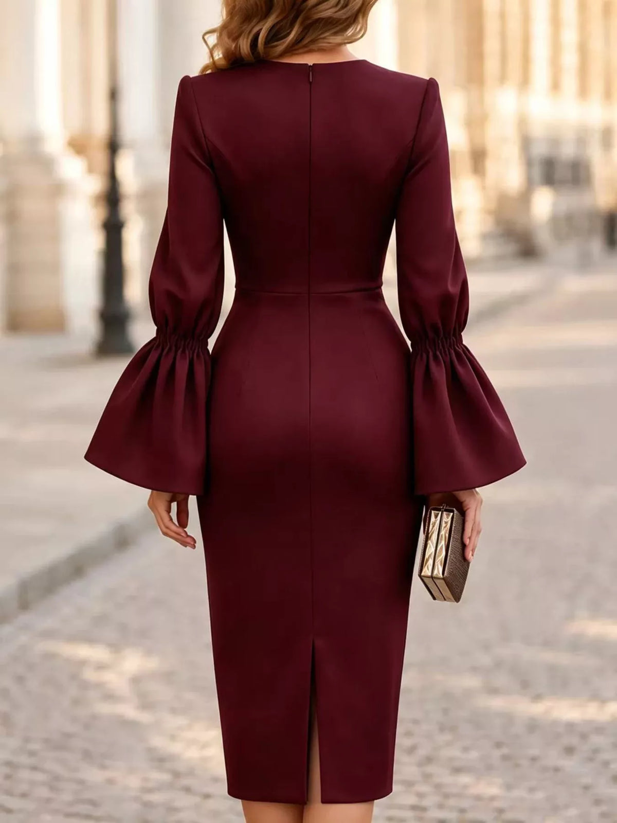 Slit Round Neck Flare Sleeve Dress with Pockets