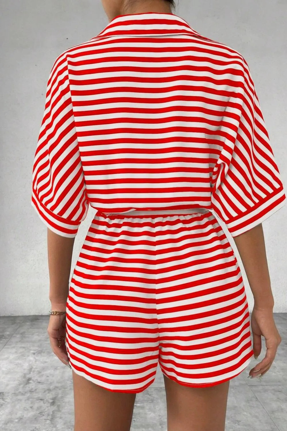 Striped Collared Tie Waist Romper