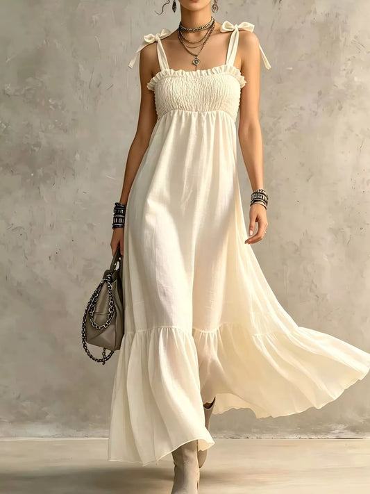 Smocked Tie-Shoulder Maxi Dress in Beige