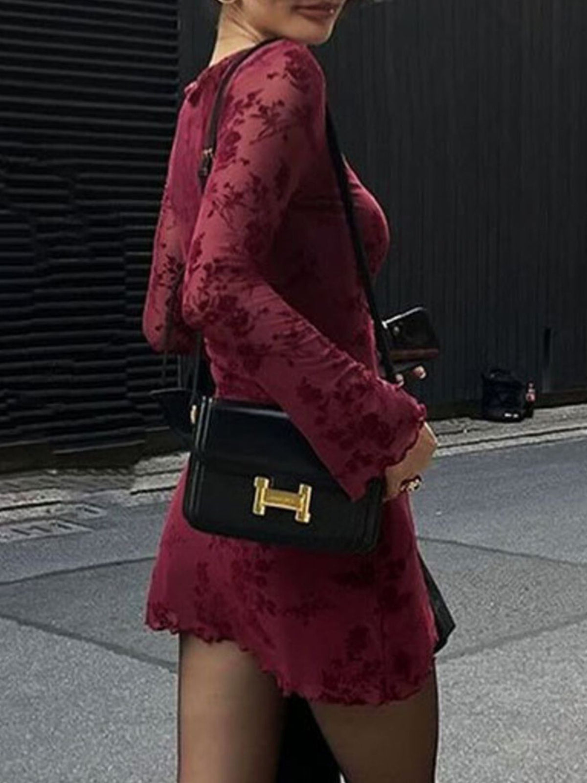 Mesh Bodycon Mini Dress in Burgundy