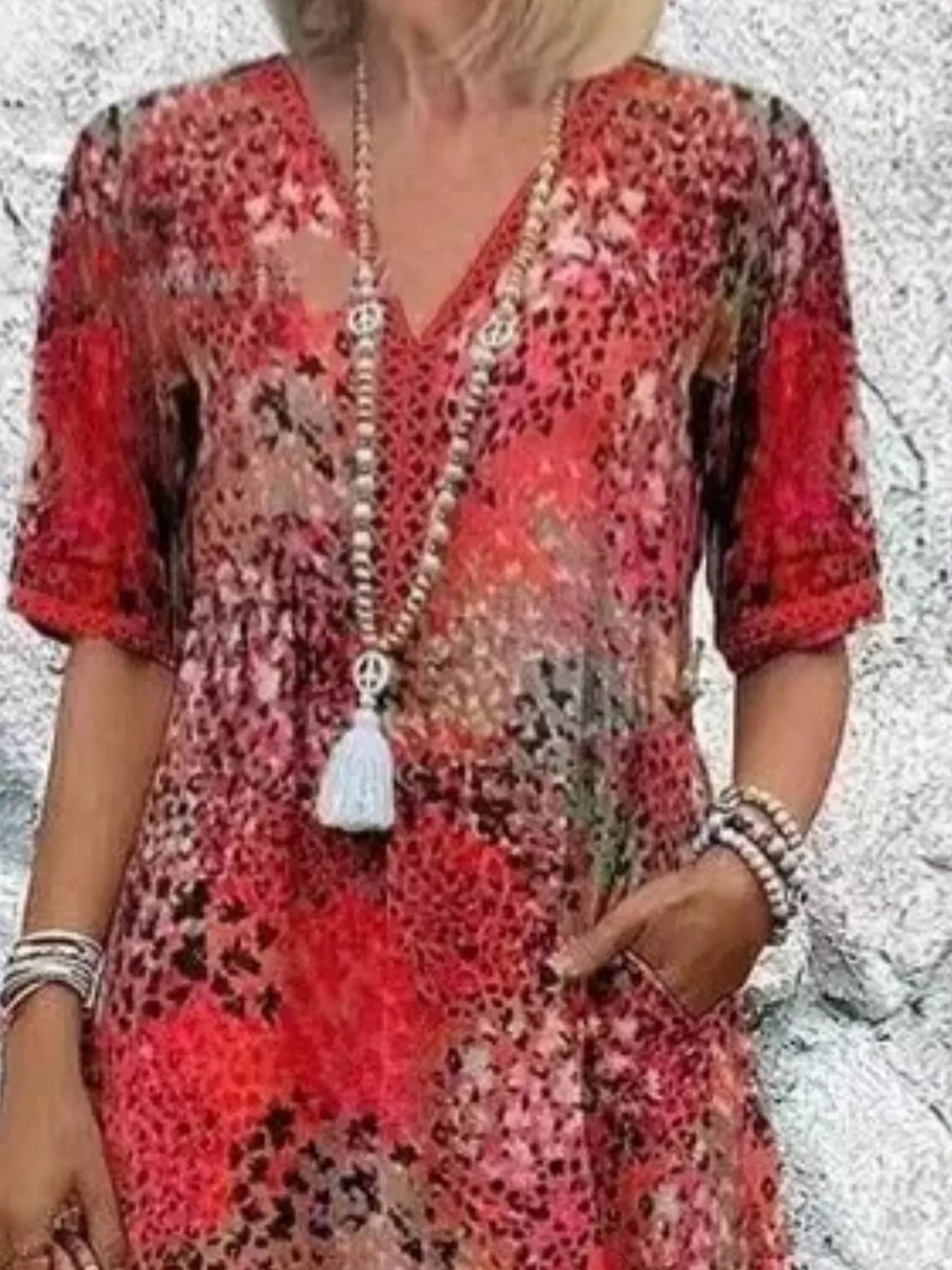 Printed V-Neck Half Sleeve Dress