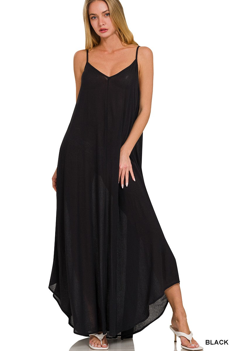 Zenana Crinkle Cami Maxi Dress in Black