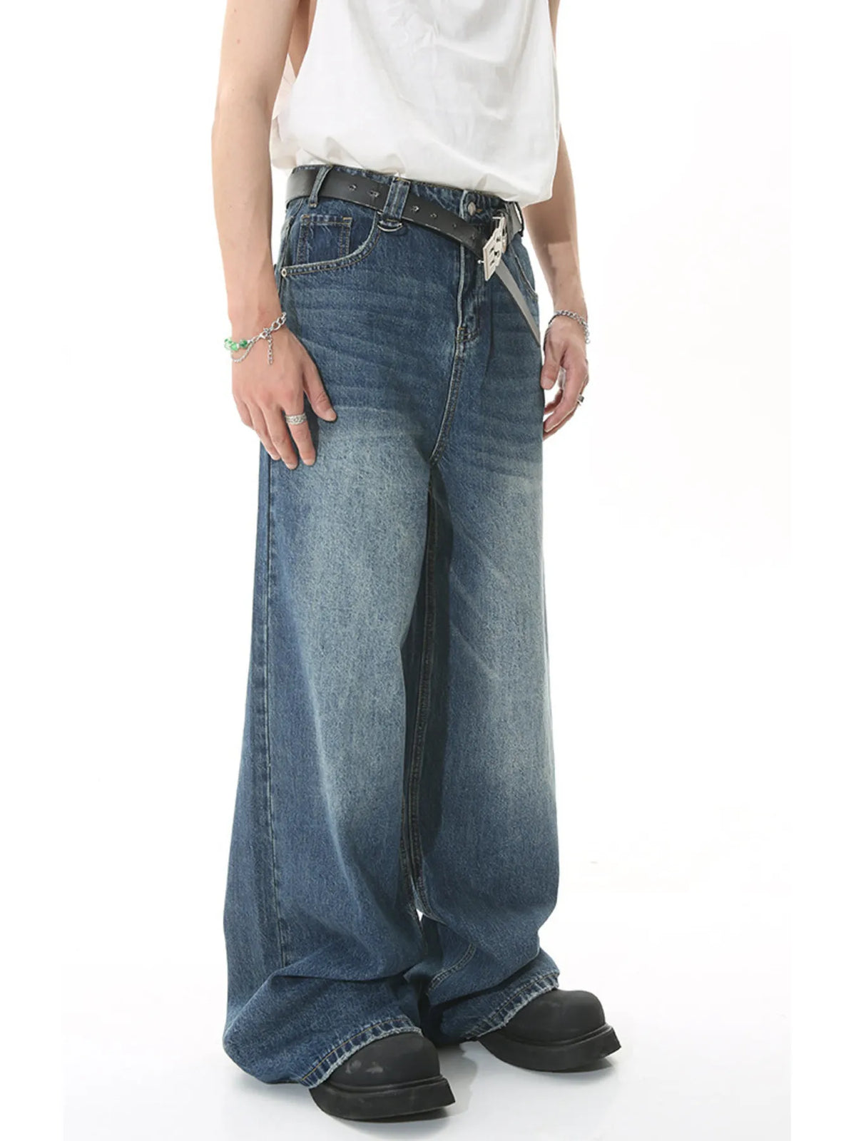 Vintage Wash Wide Leg Jeans in Dark Blue by Firm Stand