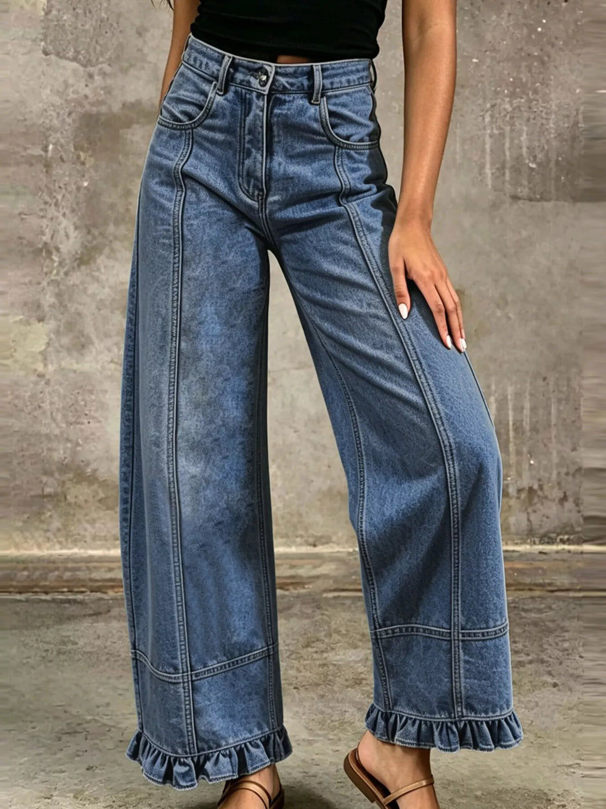 High-Waisted Wide-Leg Ruffled Hem Jeans by Dreamy Drapes