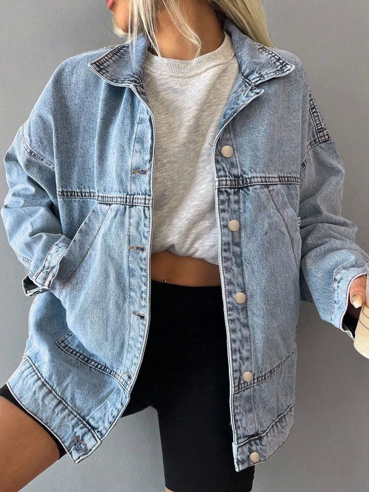 Oversized Dropped-Shoulder Denim Jacket in Light Blue
