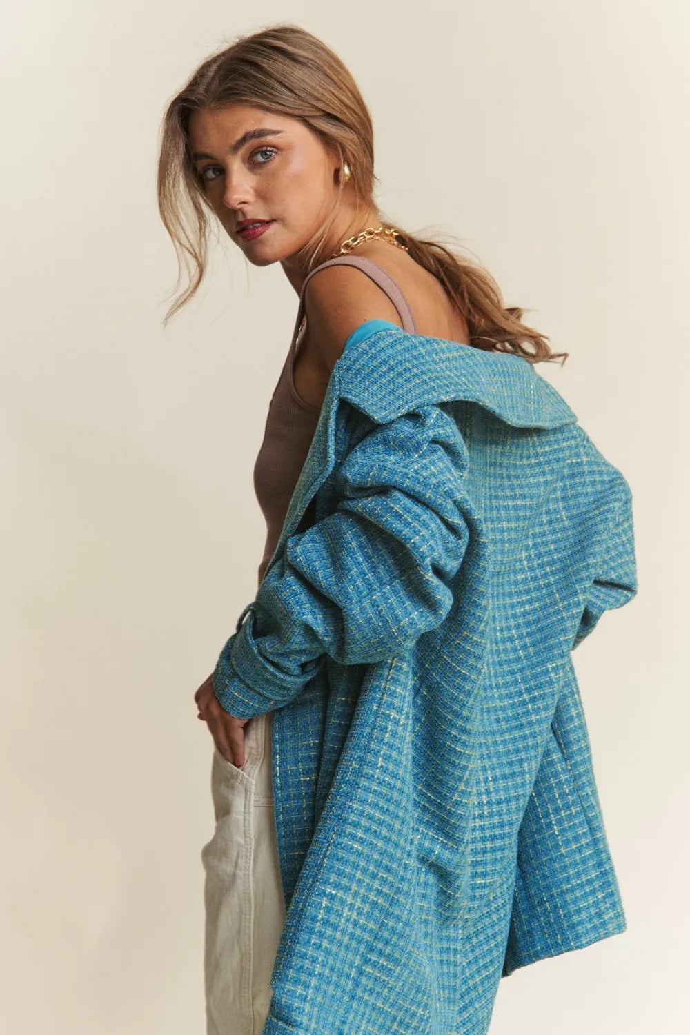 Tweed Double-Breasted Coat in Emerald Sea by J.NNA