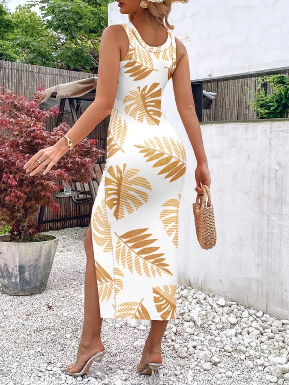 Ruched Drawstring Slit Midi Dress