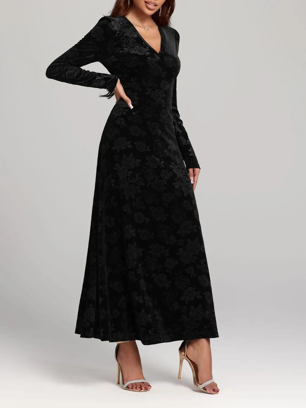 Rose Print V-Neck Dress in Black