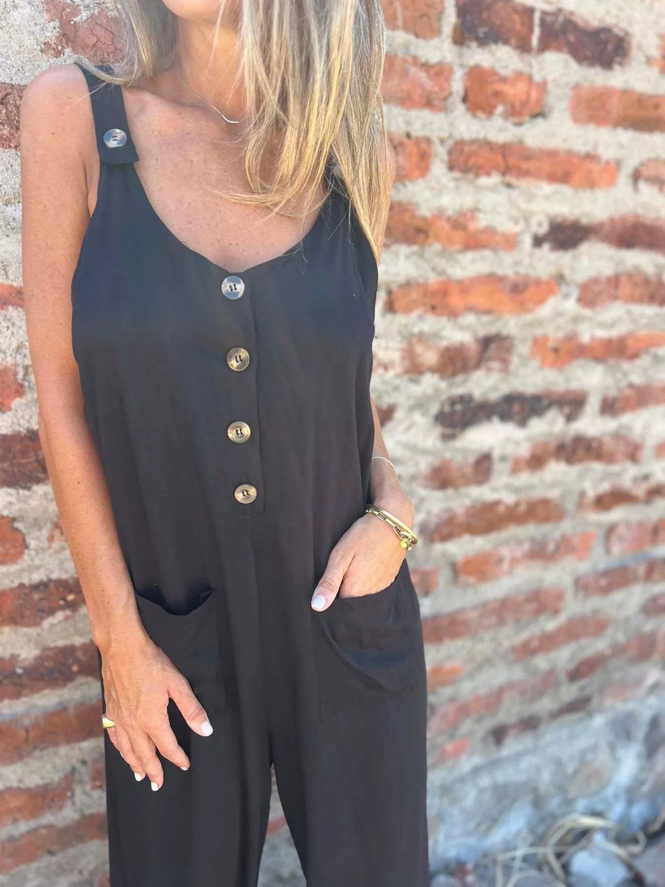 Button-Front Wide Leg Jumpsuit