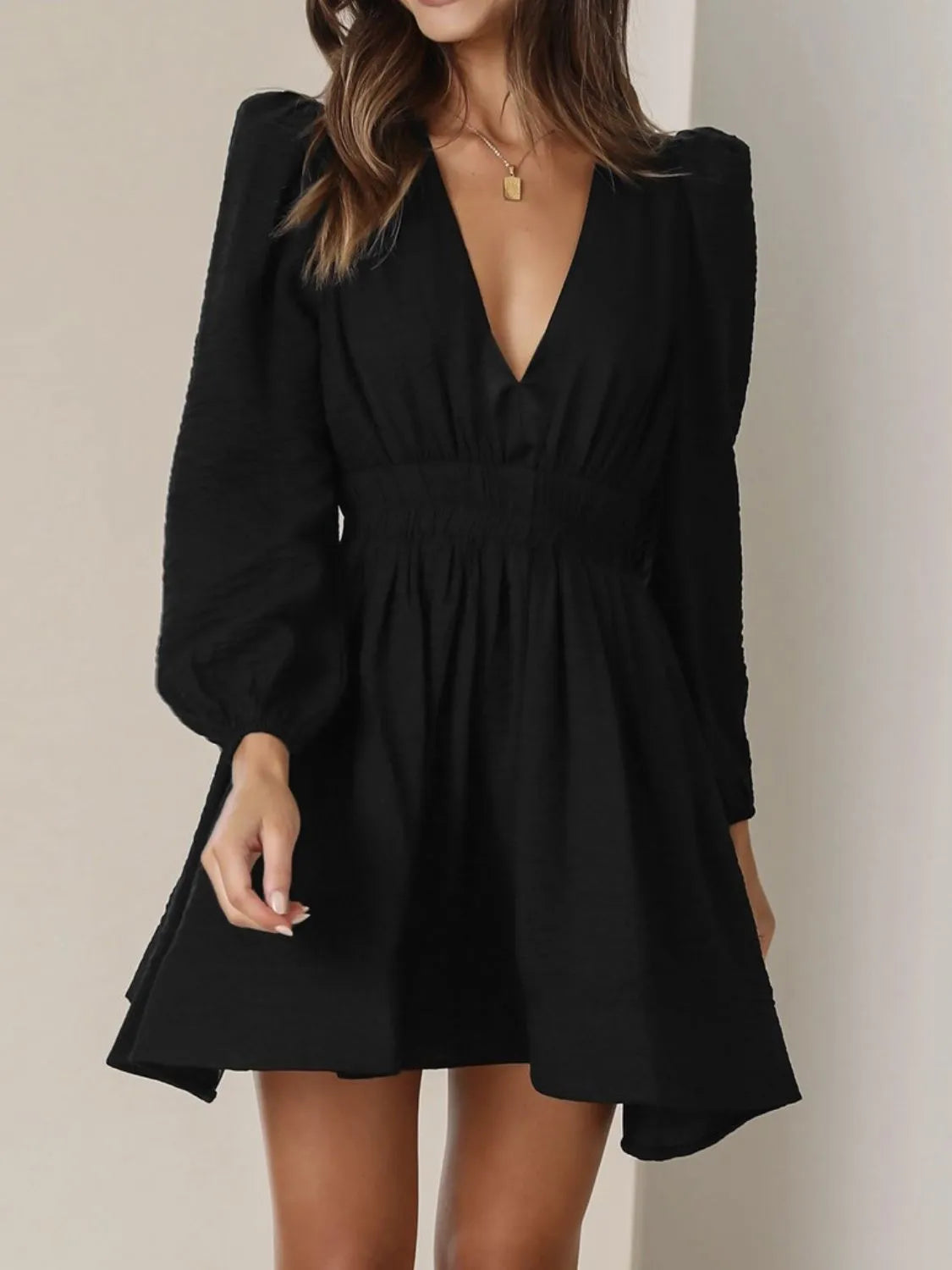 Ruched V-Neck Balloon-Sleeve Mini Dress