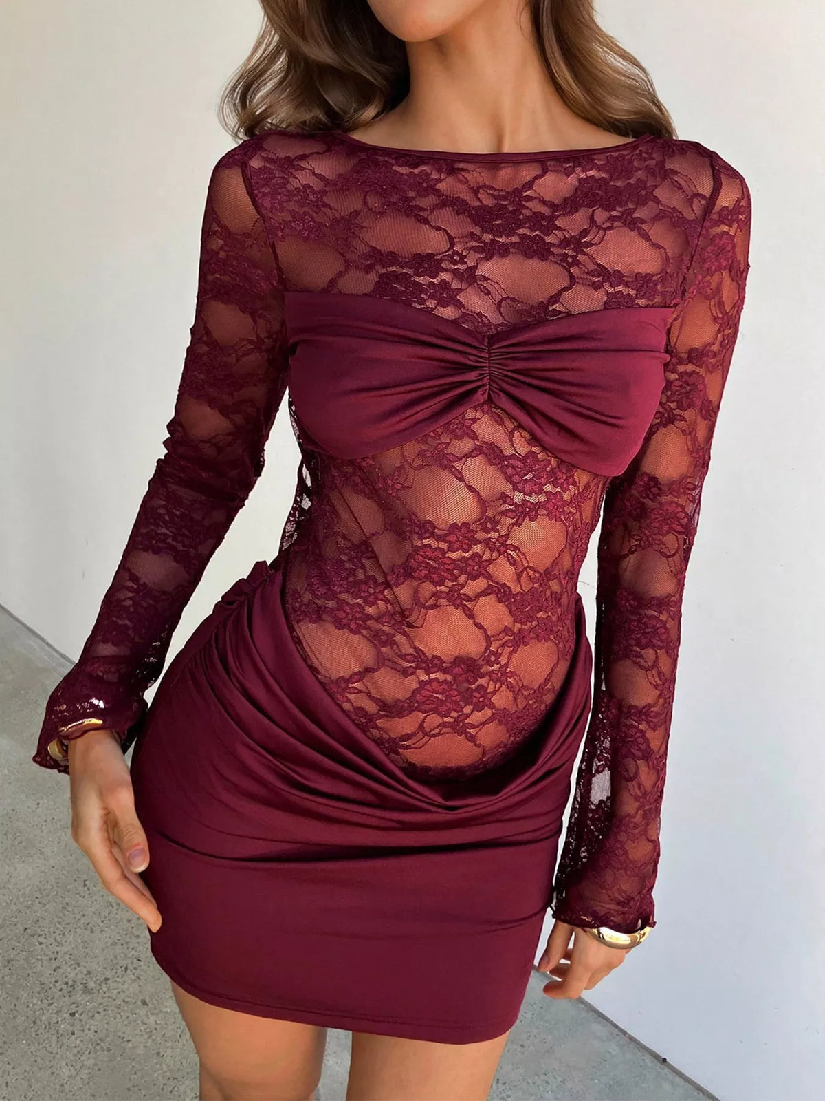 Lace Cutout-Back Ruched Dress in Wine Red