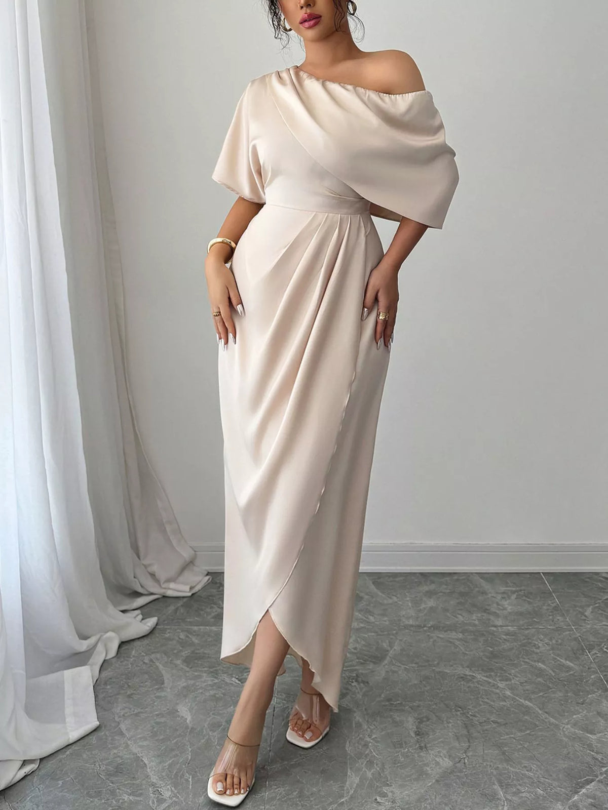 One-Shoulder Satin Maxi Dress in Champagne in Champagne Color