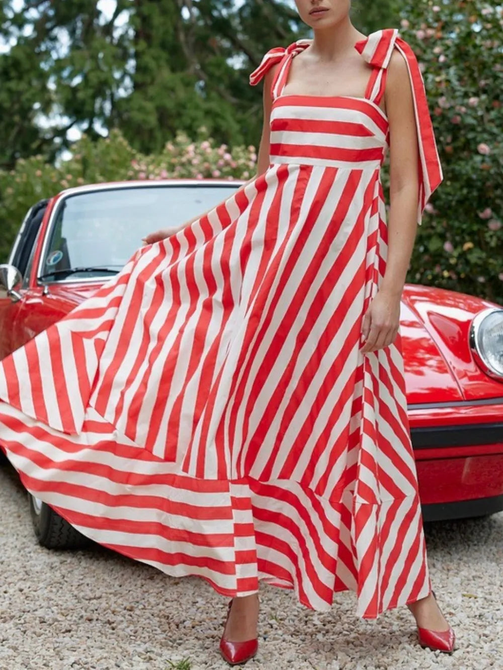 Striped Square Neck Wide Strap Dress in Red