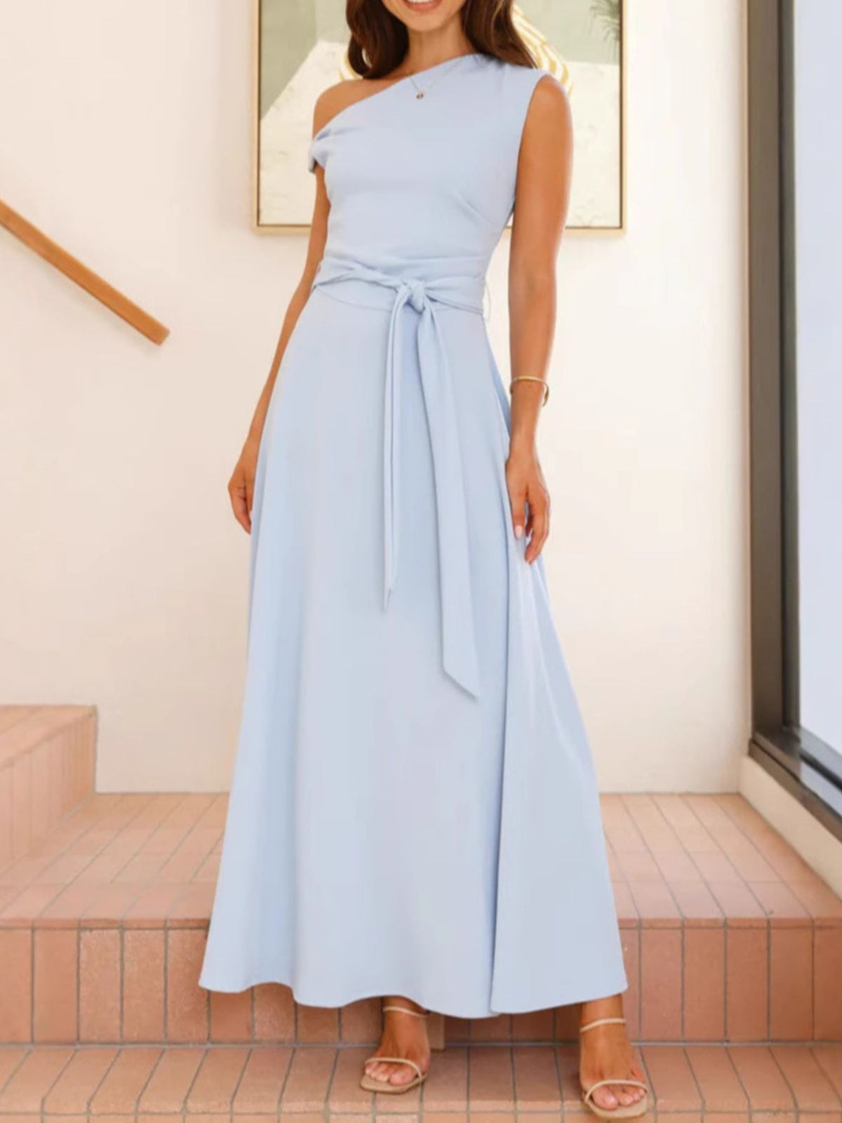 One-Shoulder Tie Waist Maxi Dress