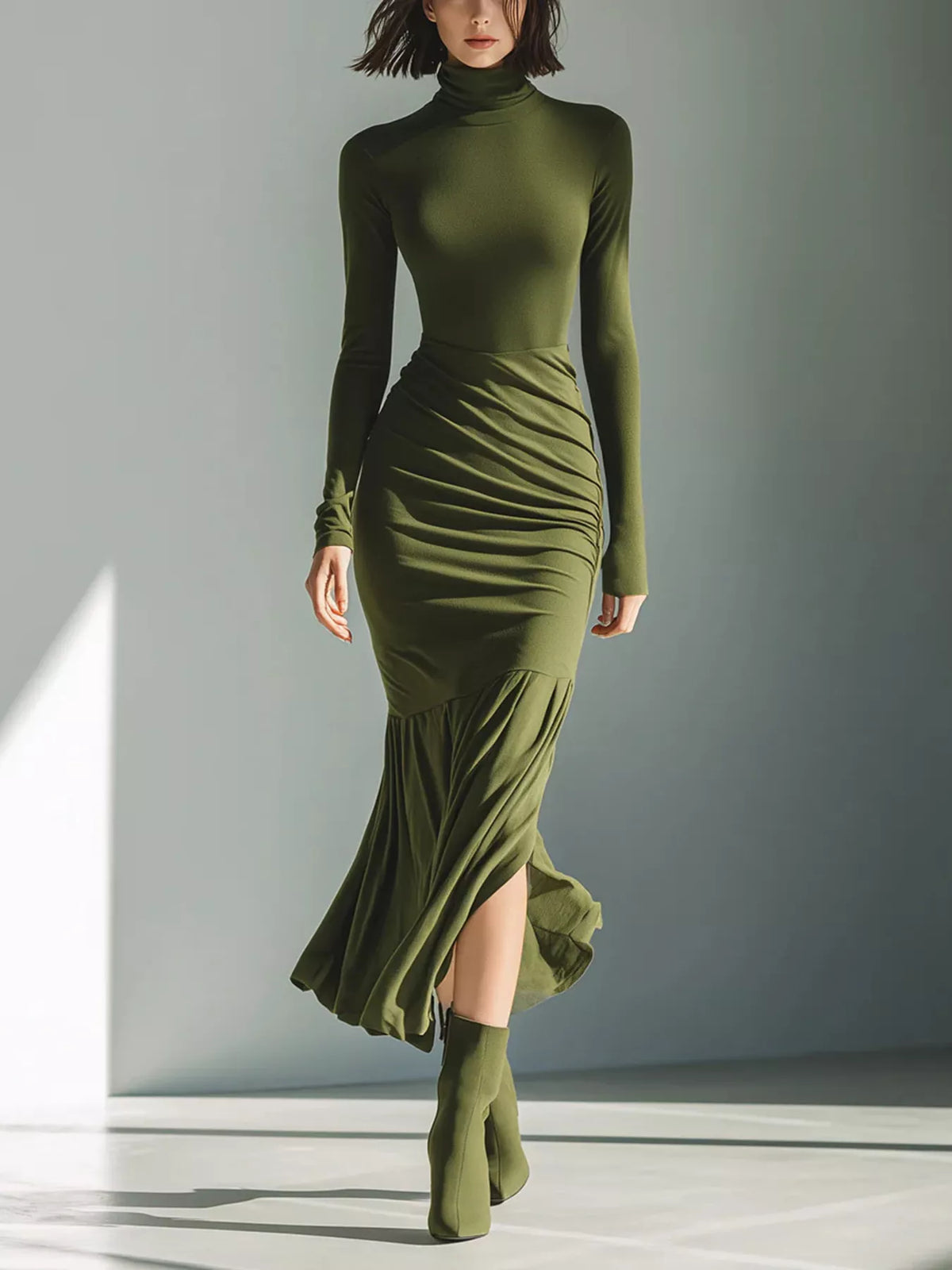 Slit Turtleneck Ruched Bodycon Mermaid Dress, Full Size