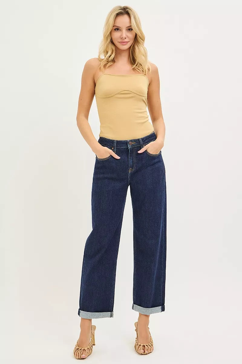 Risen Slouchy Cropped Boyfriend Jeans in Solid Dark