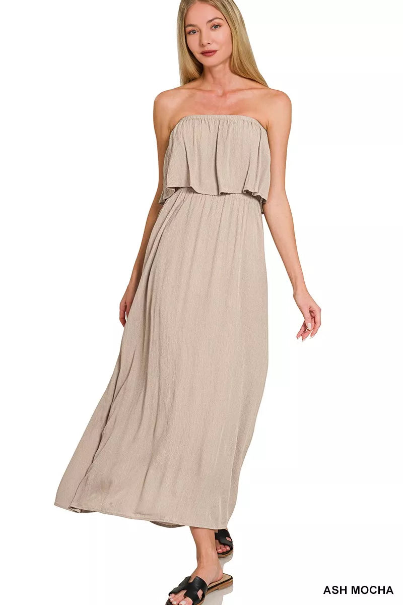 Zenana Woven Crinkle Strapless Maxi Dress in Ash Mocha