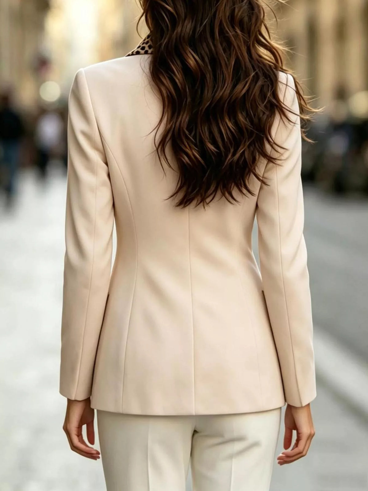 Double-Breasted Blazer with Leopard Print Lapel