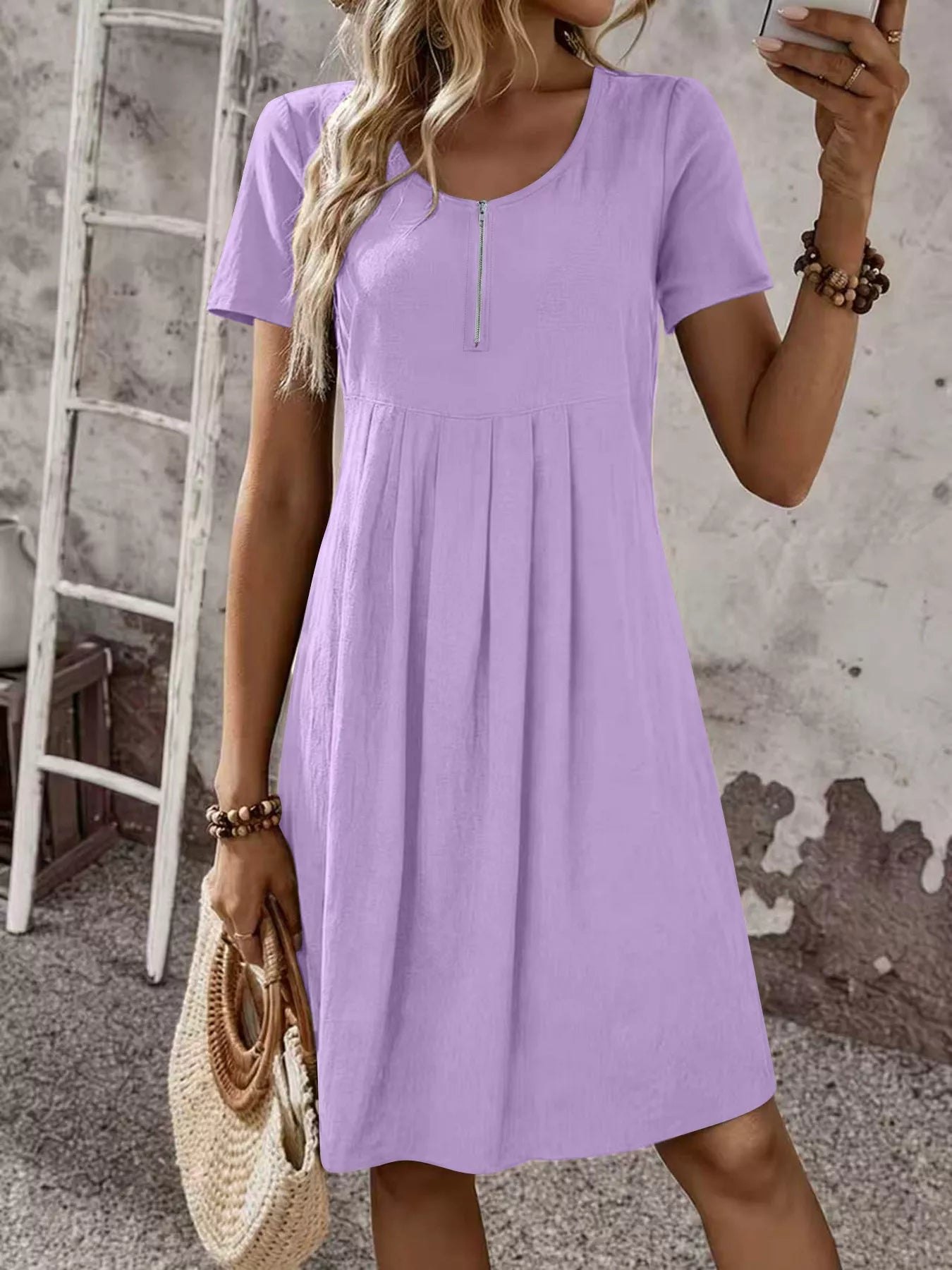 Zipper-Front Pleated A-Line Dress