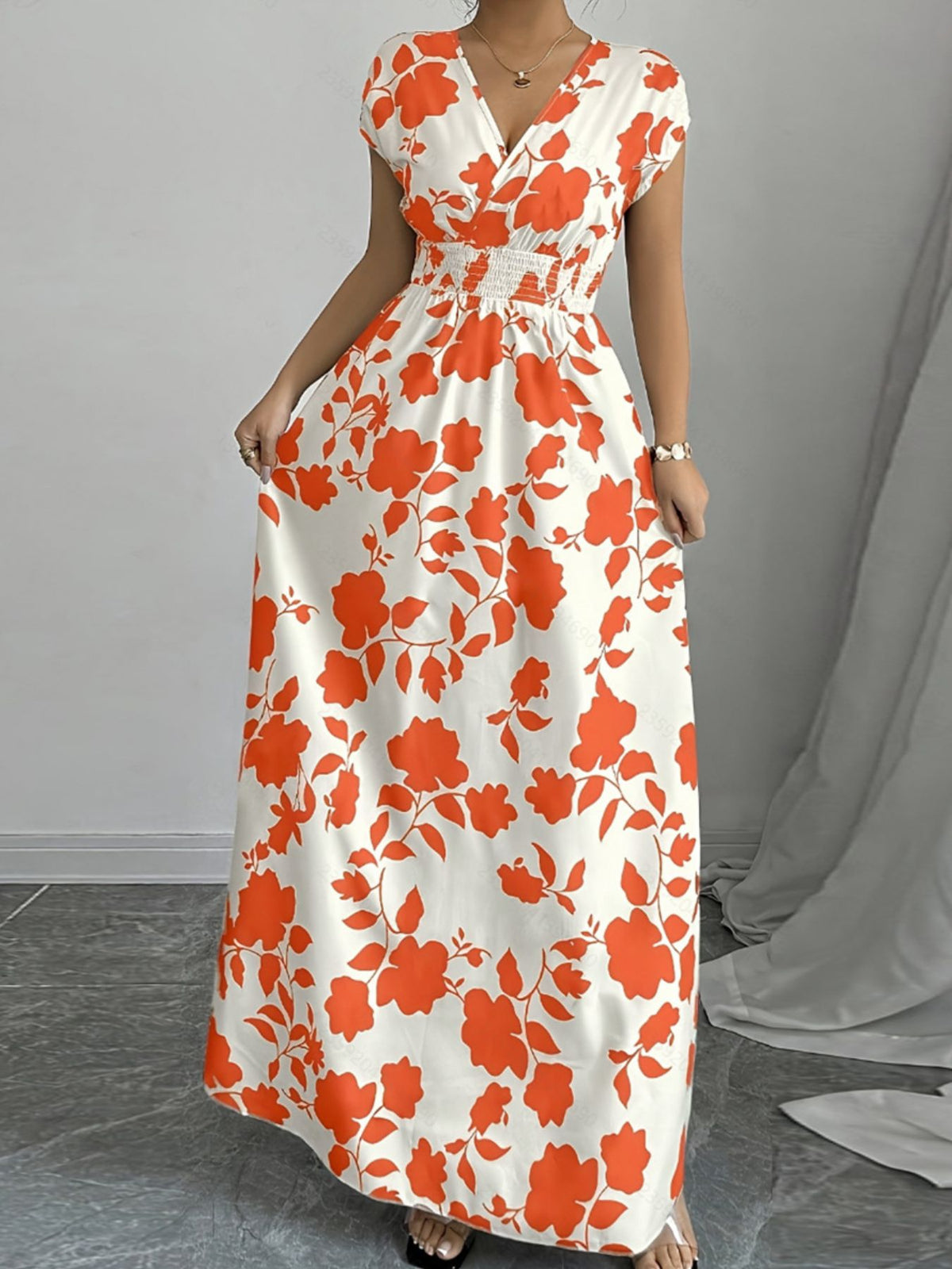 Printed Surplice Cap-Sleeve Maxi Dress