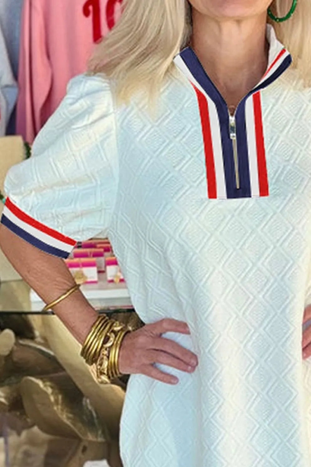 Striped Collared Zip-Up Textured Dress