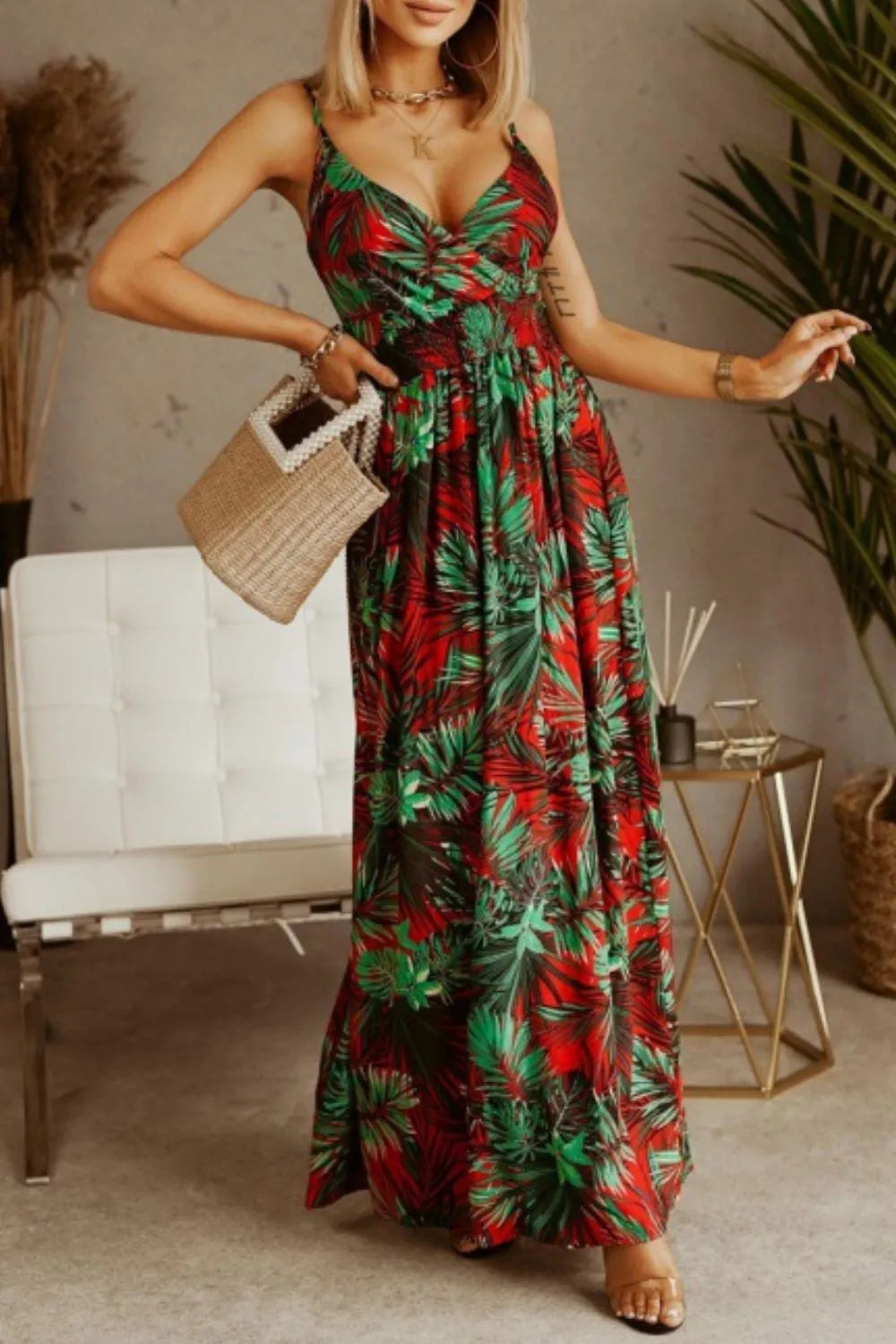 Smocked Spaghetti-Strap Printed Maxi Dress