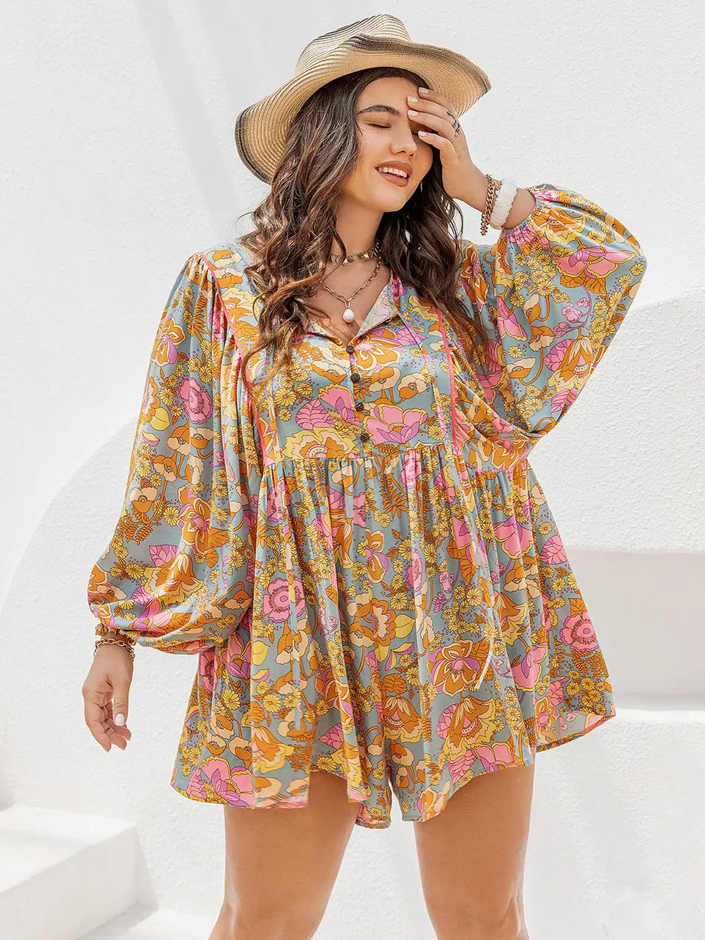 Floral Tie Neck Balloon Sleeve Romper in Light Blue
