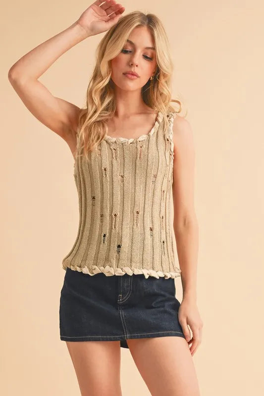 Distressed Round Neck Knit Tank in Khaki