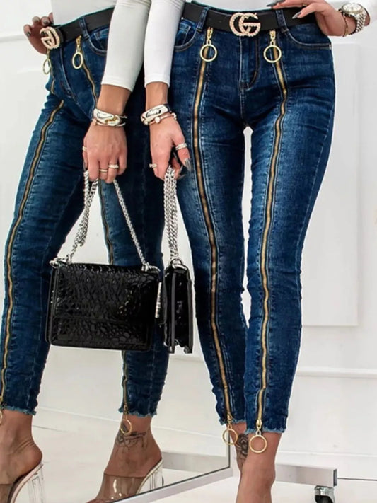 Zipper Front Skinny Jeans in Dark Blue