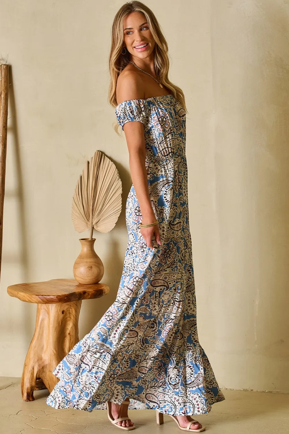 Off-Shoulder Short Sleeve Dress in Light Blue