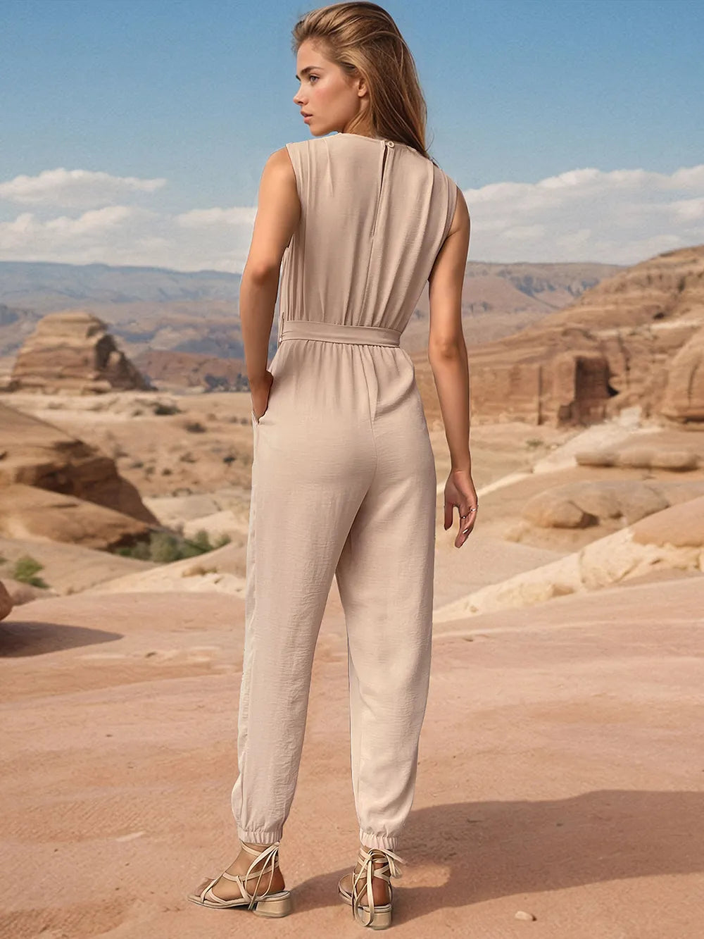 Tied Surplice Sleeveless Jumpsuit in Tan