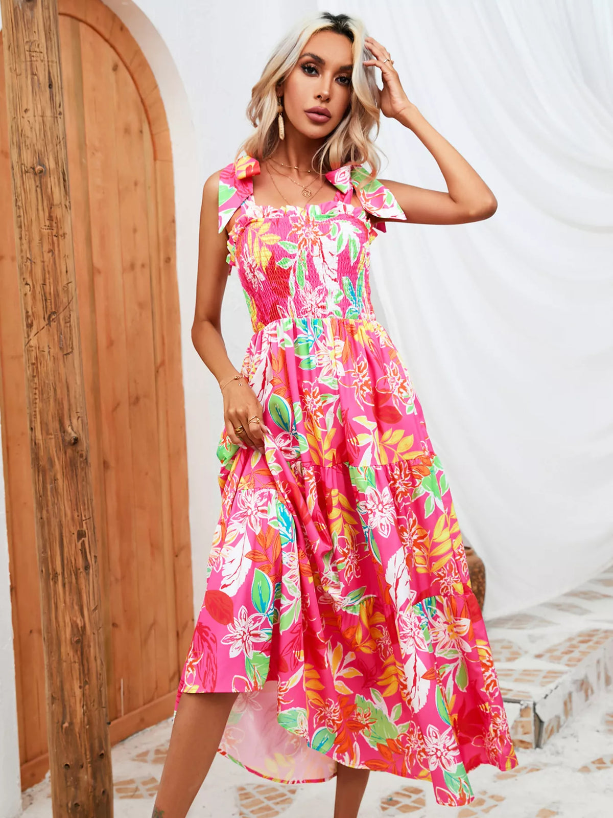 Tropical Print Smocked Tie-Strap Dress in Green
