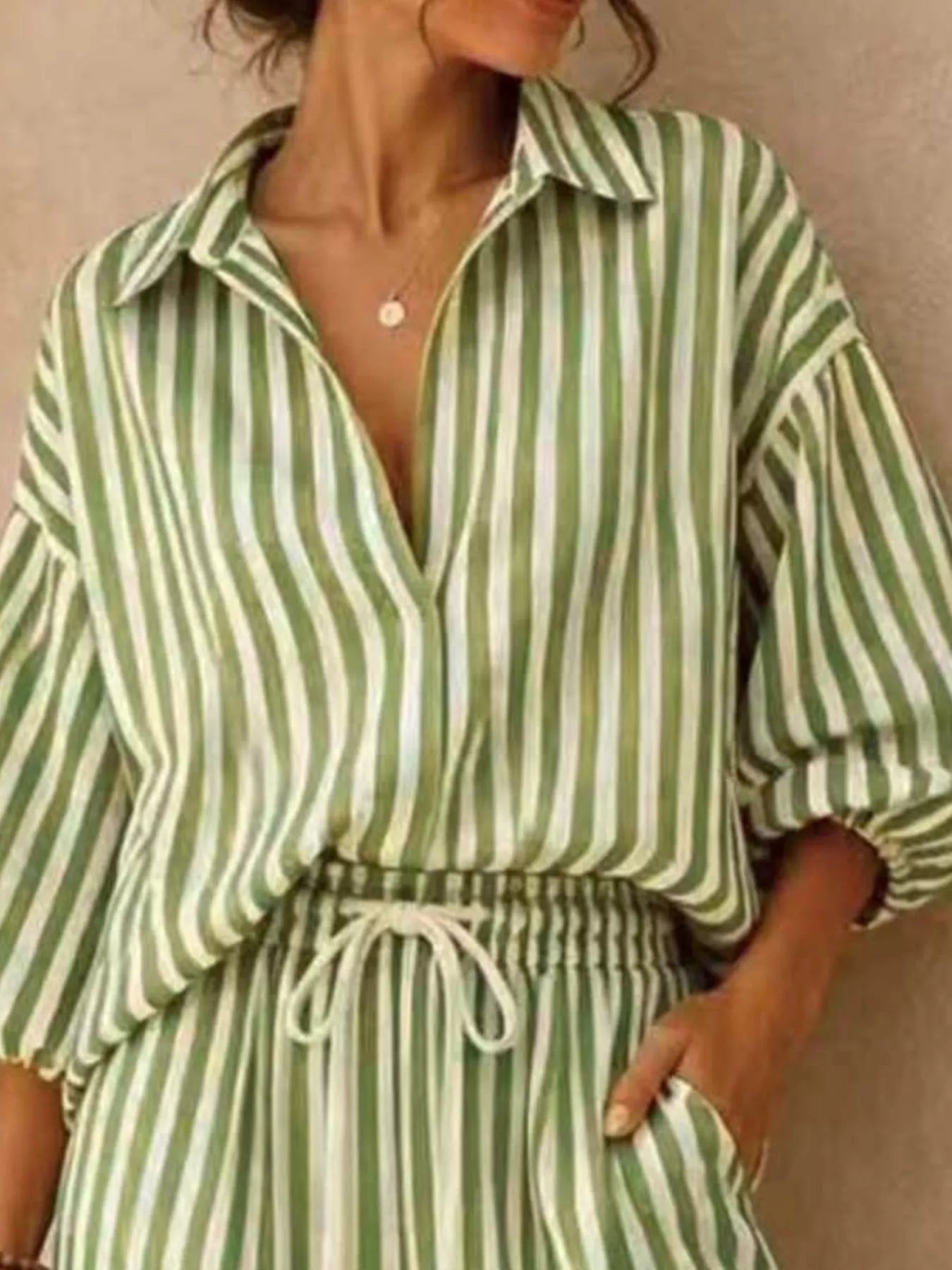 Striped Puff-Sleeve Top and Wide-Leg Pants Set