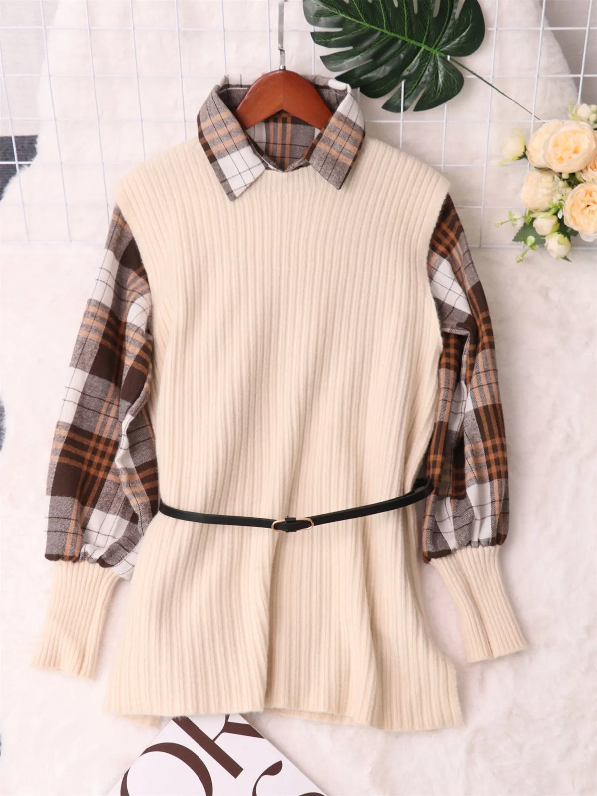 Plaid Long Sleeve Belted Sweater Dress