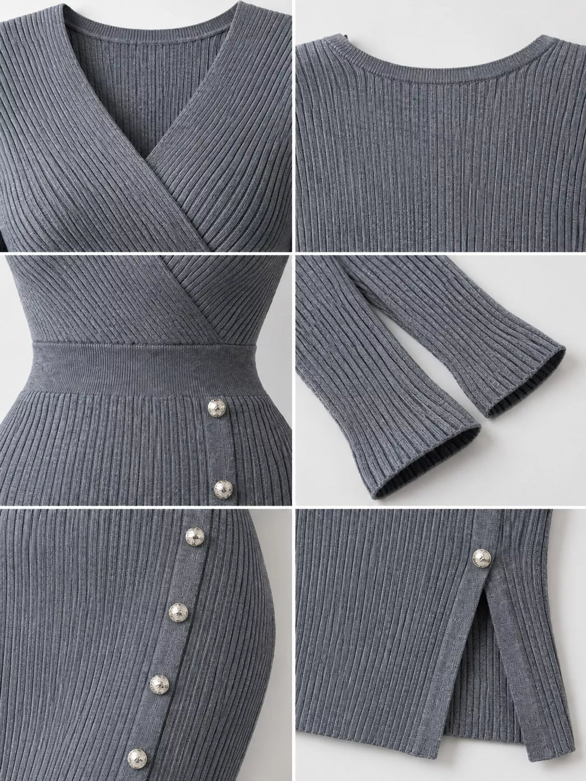 Decorative Button Ribbed Knit Sweater Dress
