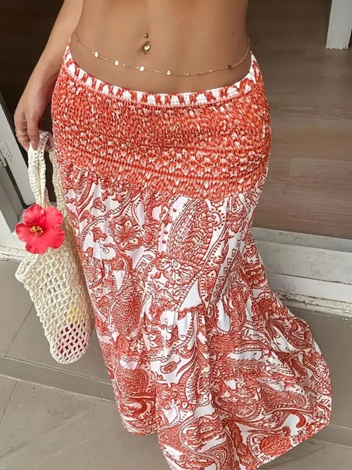 Smocked Paisley Print Maxi Skirt