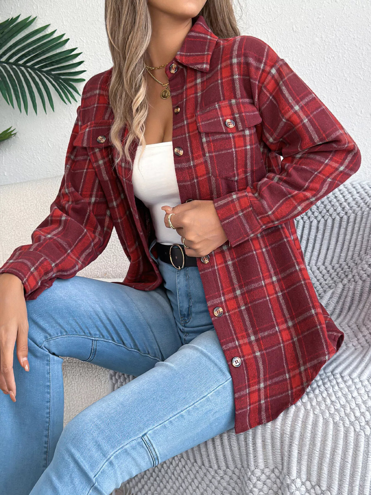 Plaid Button-Down Shacket by Clise