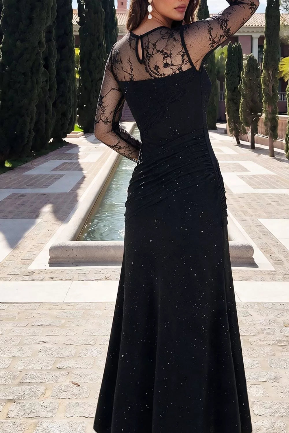 Glitter Mesh Long Sleeve Maxi Dress in Black