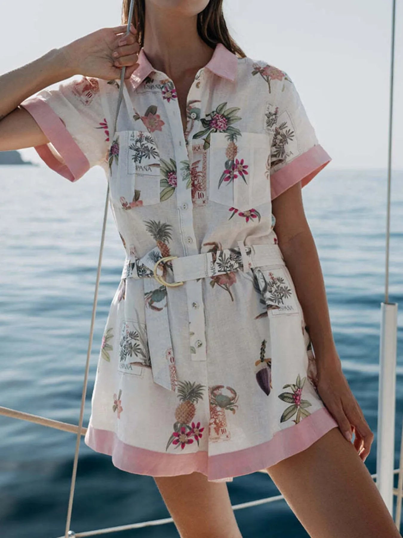 Belted Short Sleeve Romper in Multicolor
