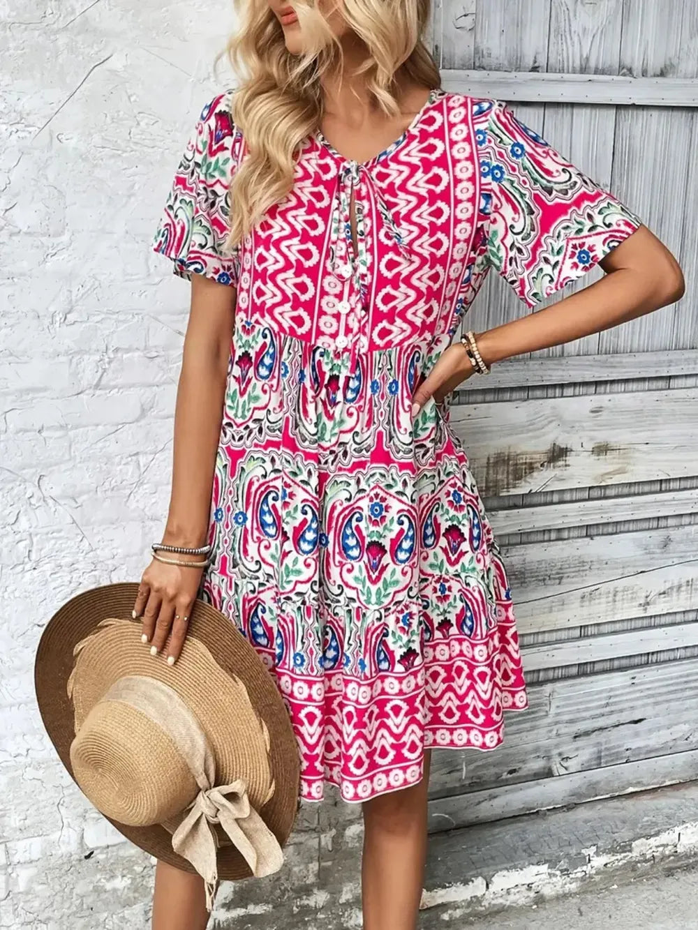 Printed Tie-Neck Short Sleeve Dress